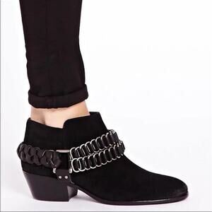 Sam Edelman Posey Suede Leather Ankle Booties Womens 8.5 Metal Chain Black Boots